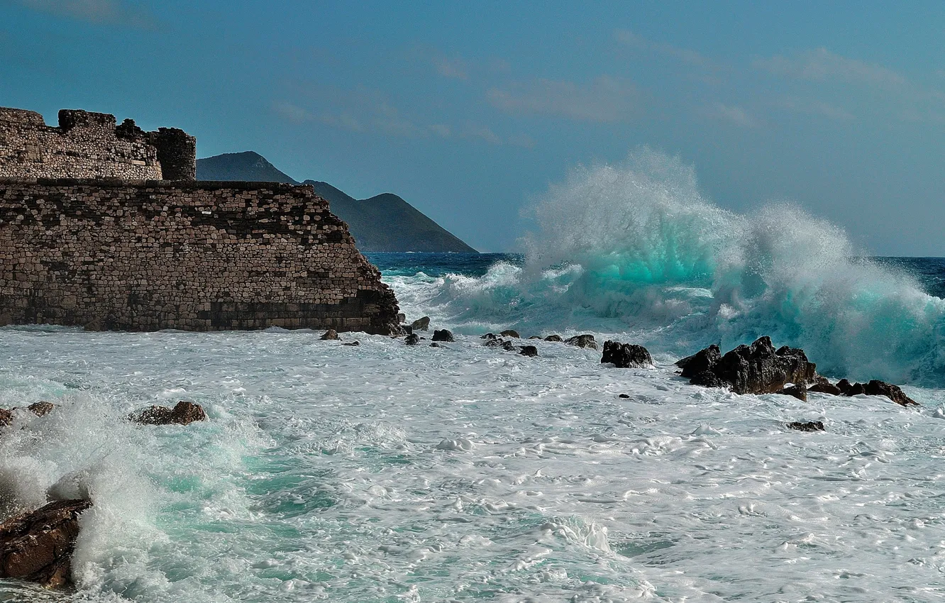 Photo wallpaper sea, wave, the sky, foam, clouds, mountains, rocks, shore