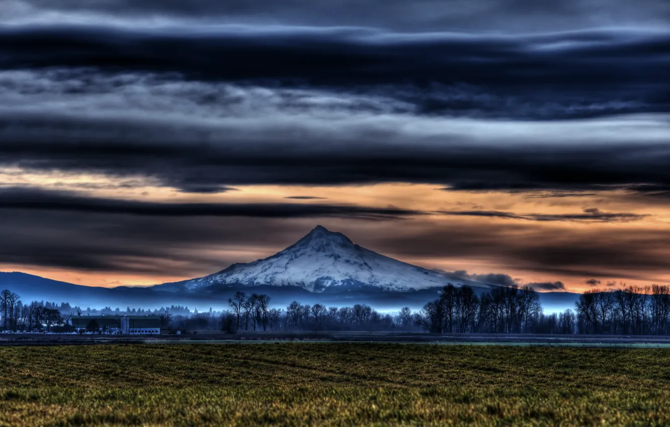 Photo wallpaper field, mountains, night