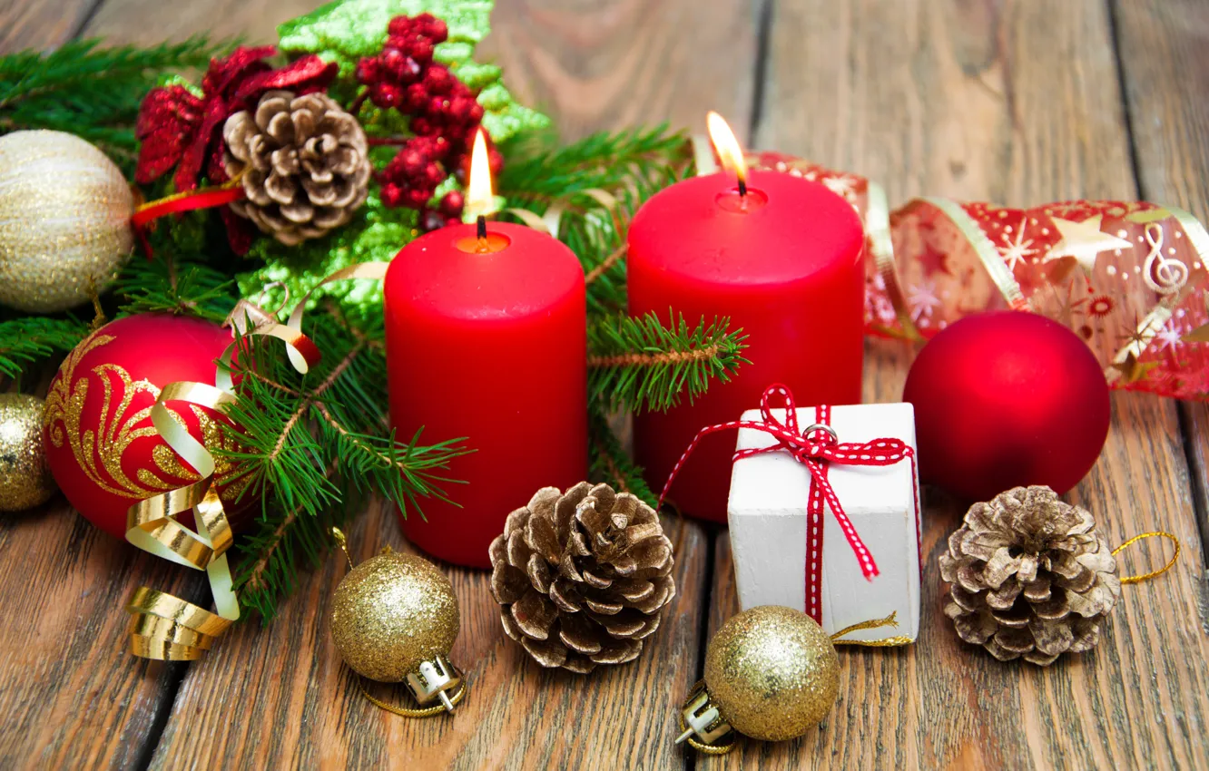 Photo wallpaper branches, red, lights, holiday, balls, Board, new year, candles
