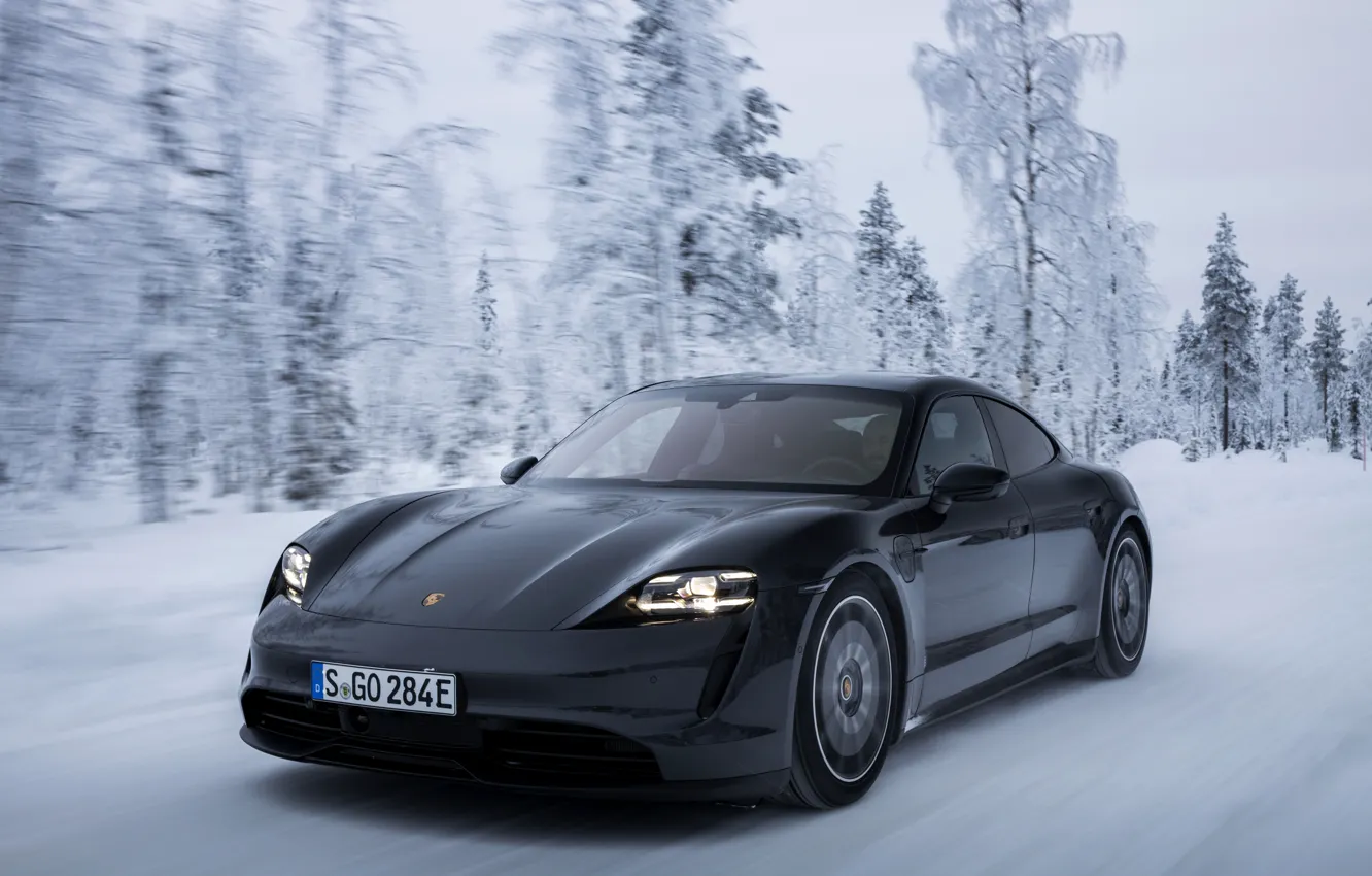 Photo wallpaper winter, snow, trees, black, Porsche, 2020, Taycan, Taycan 4S