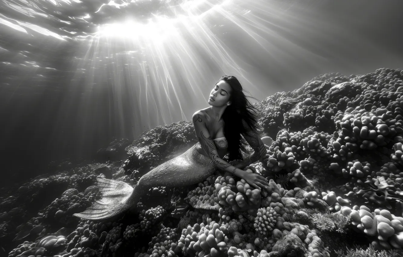 Photo wallpaper girl, stones, hair, mermaid, tail, black and white, underwater world, the rays of the sun