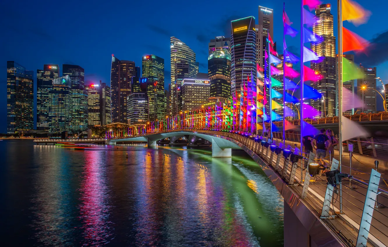 Photo wallpaper bridge, building, home, Bay, Singapore, night city, flags, skyscrapers