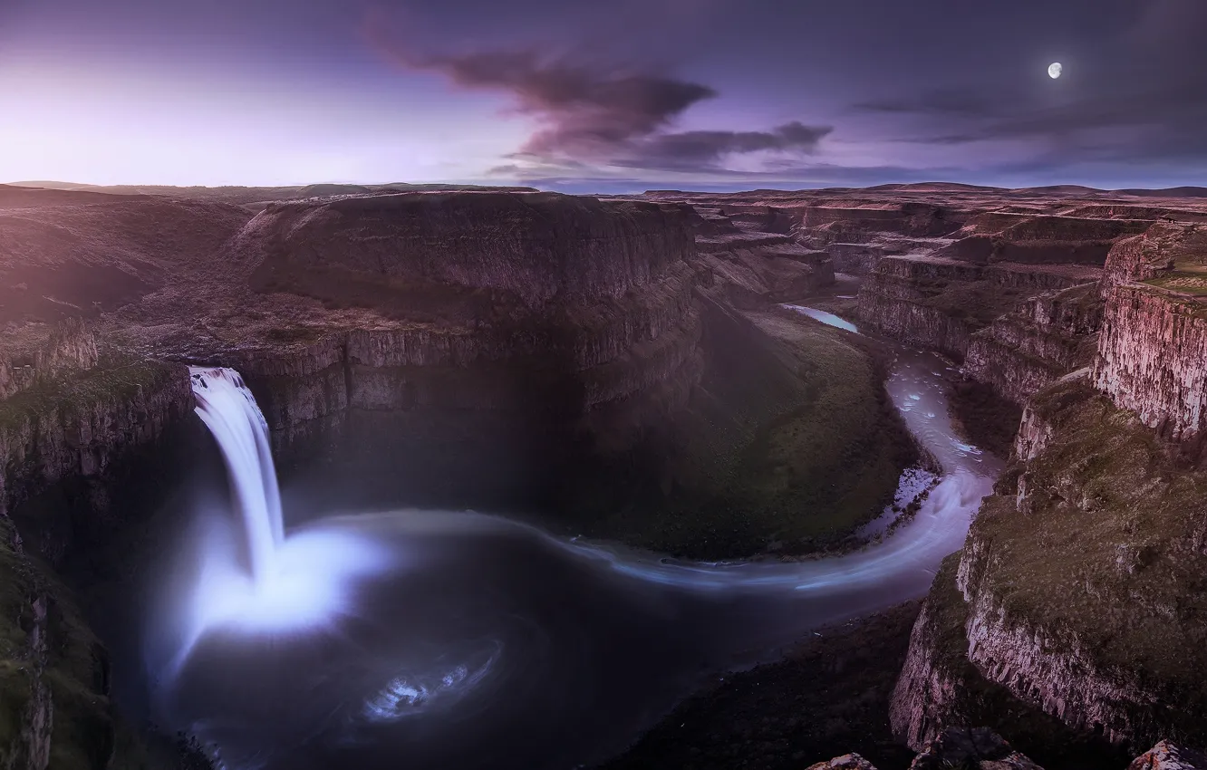 Photo wallpaper the sky, clouds, night, the moon, waterfall, a month, valley, canyon