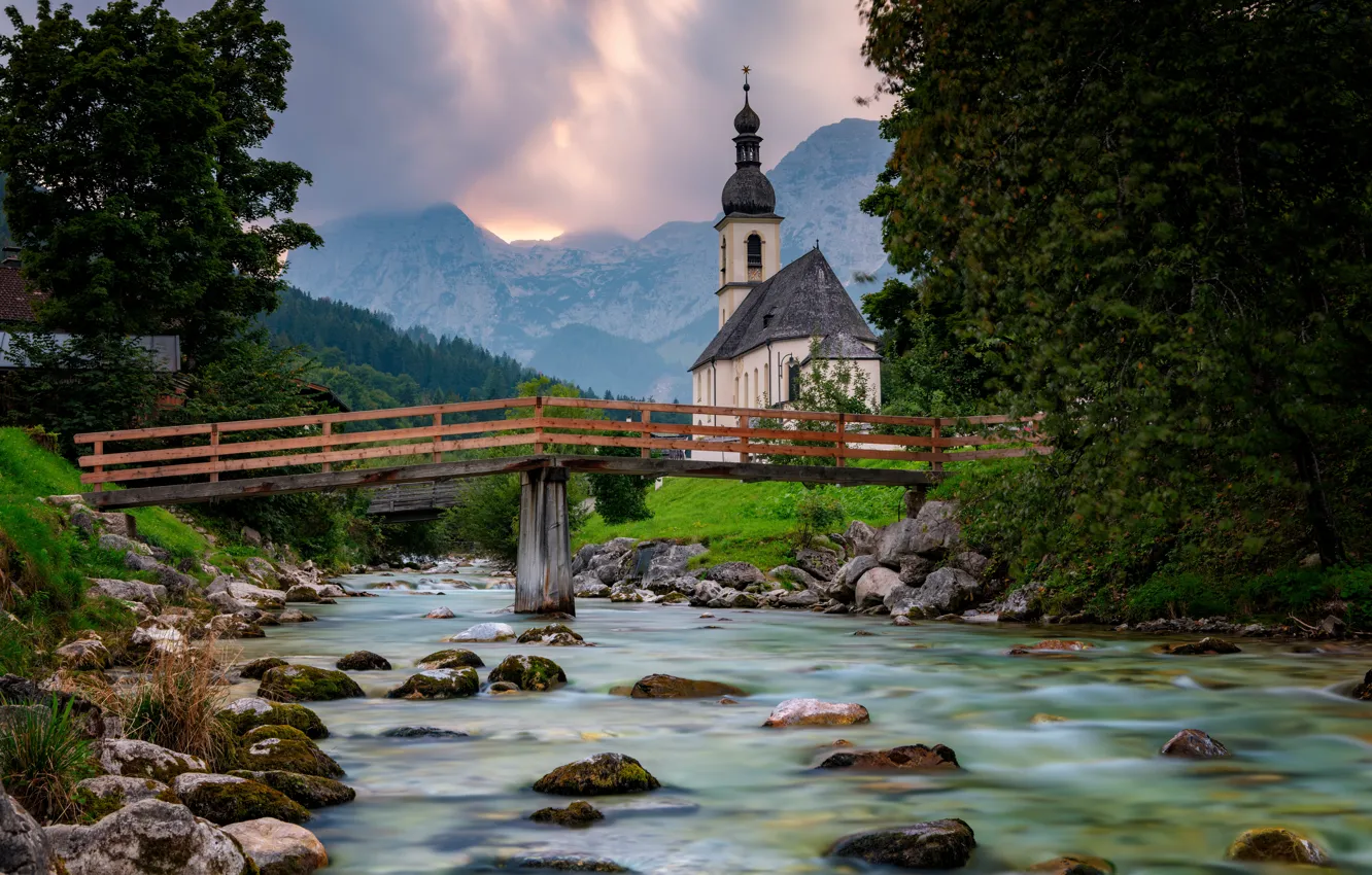 Photo wallpaper trees, mountains, bridge, river, stones, shore, Germany, Bayern
