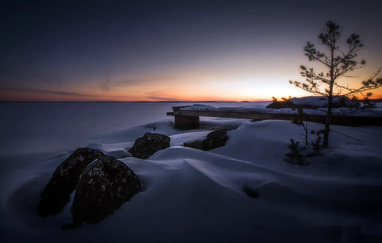 Photo wallpaper winter, shore, morning