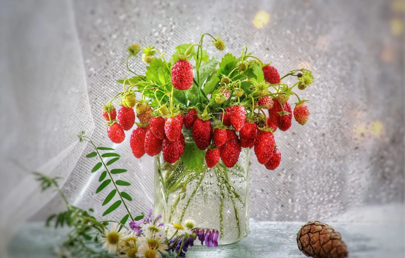 Photo wallpaper summer, drops, flowers, berries, mood, strawberries, Bank, still life