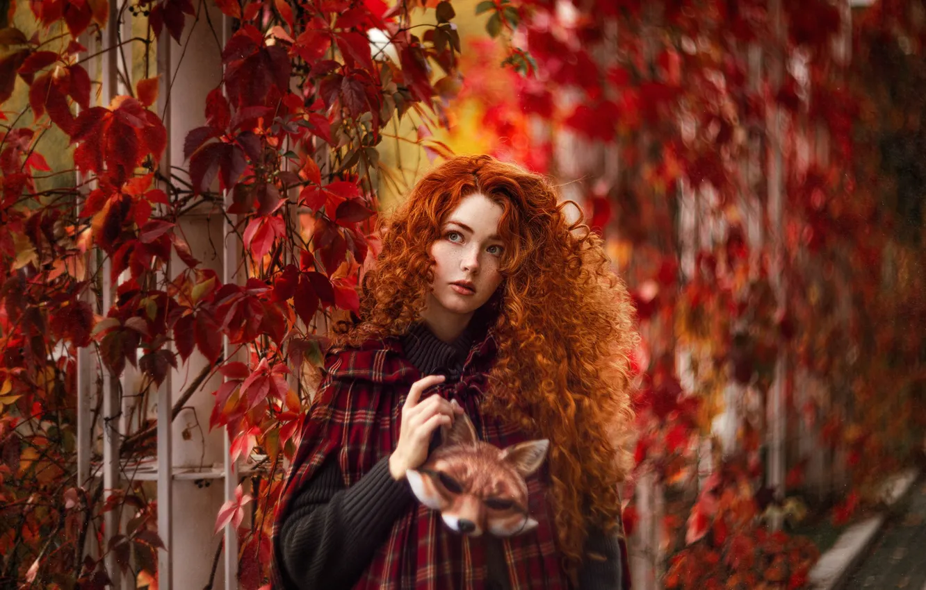 Photo wallpaper autumn, girl, mask, Fox, red, curls, redhead, long hair
