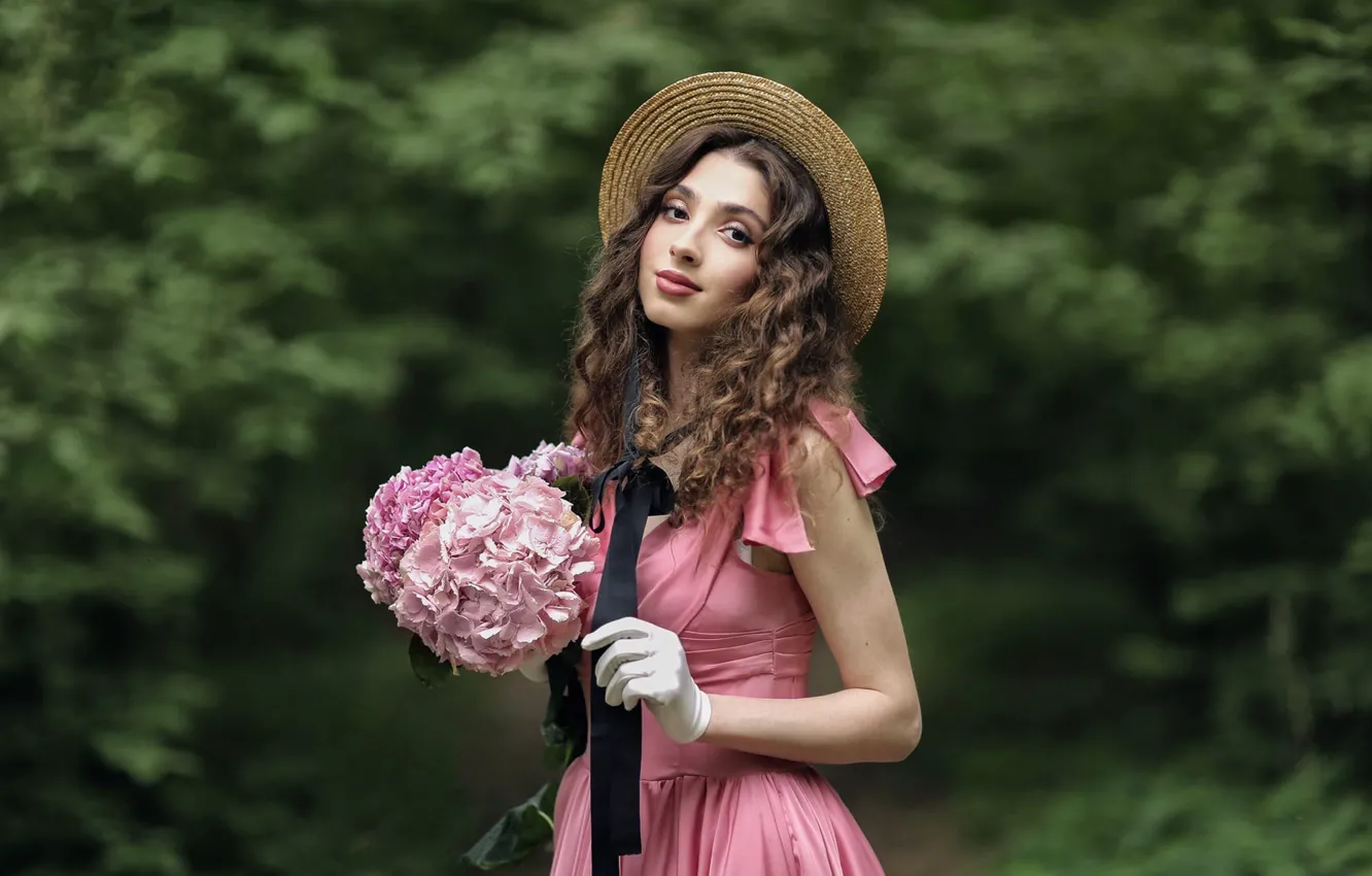 Photo wallpaper look, girl, flowers, face, pose, gloves, hat, curls