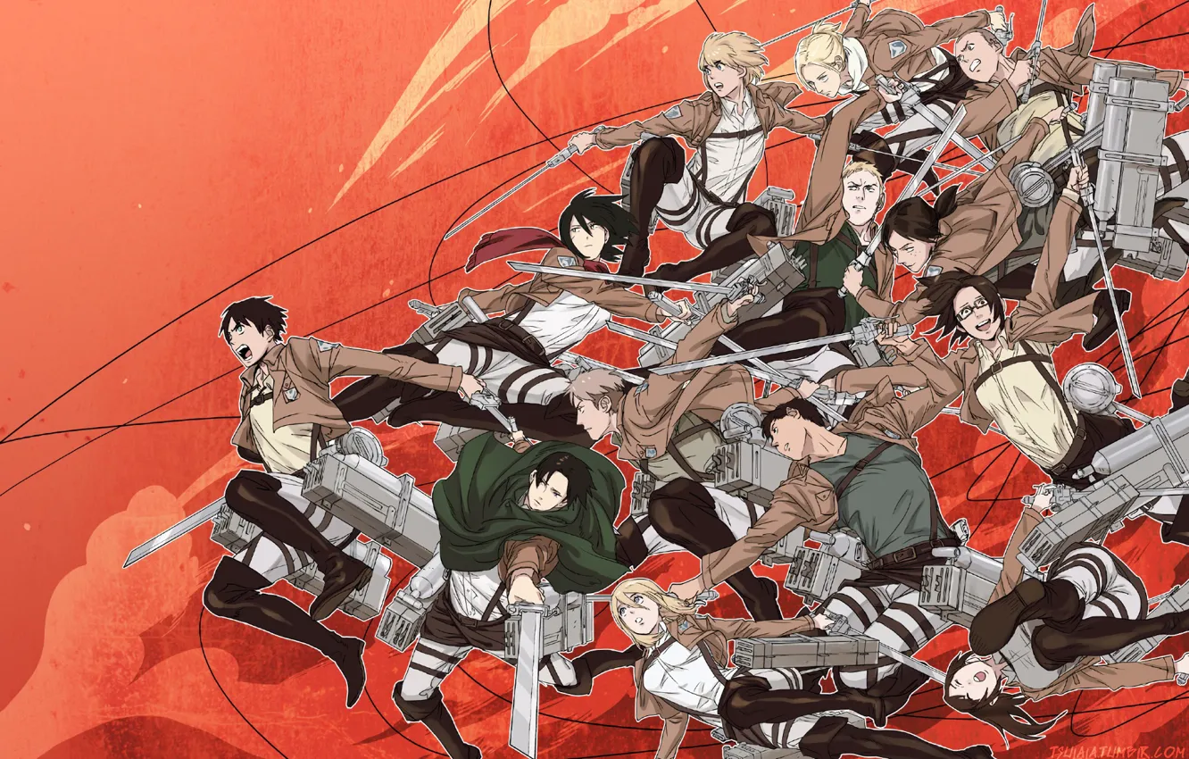 Photo wallpaper anime, art, red background, Shingeki no Kyojin, Attack of the titans, The invasion of the …