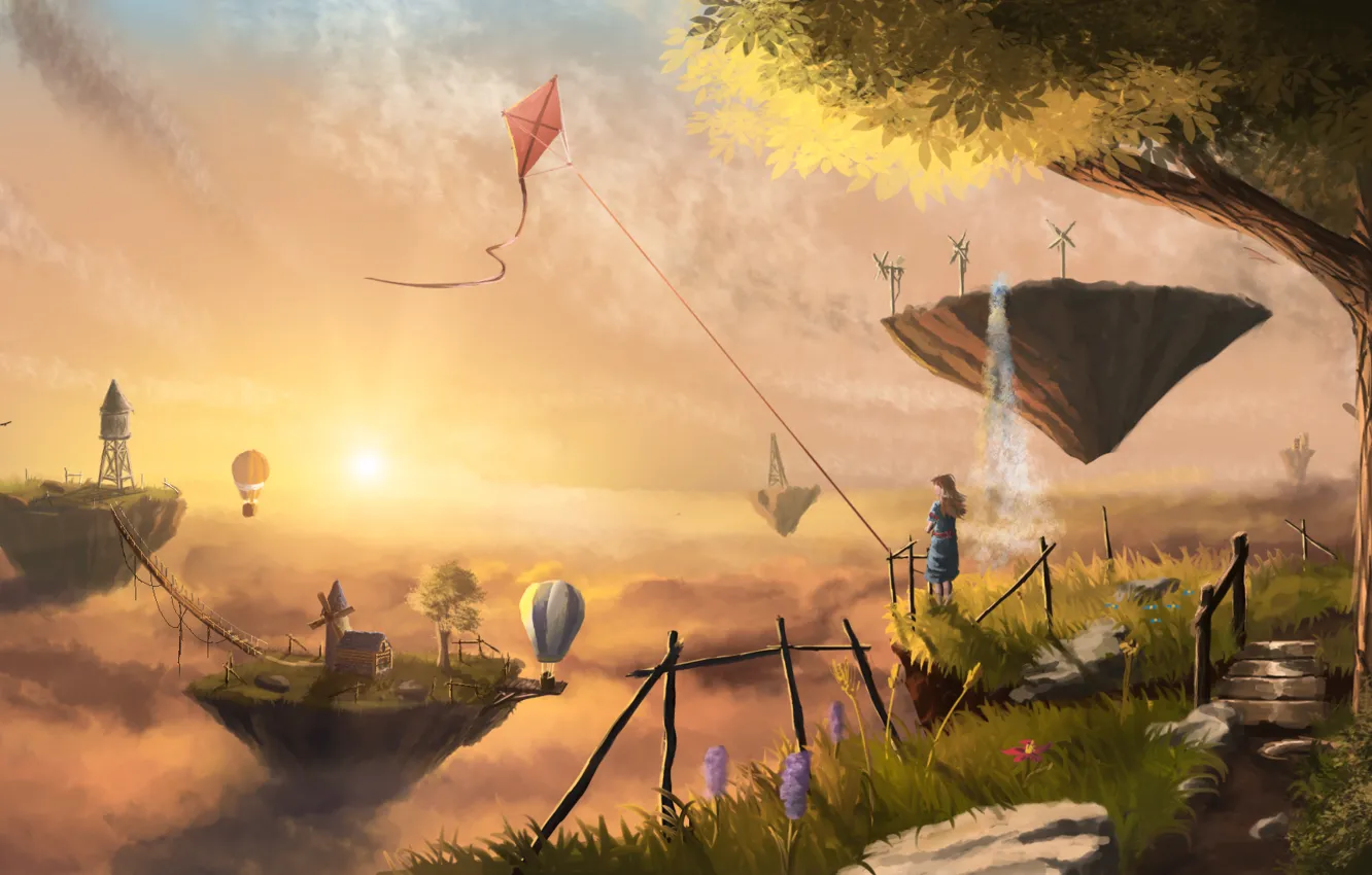 Photo wallpaper girl, flowers, home, art, kite, mill, island