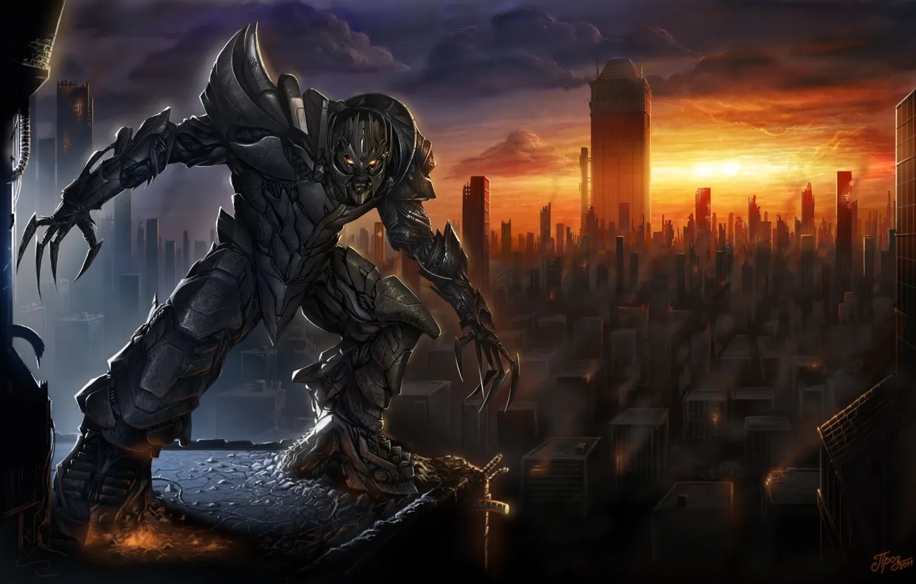 Photo wallpaper the sky, anger, the city, art, Transformers, Megatron, Transformers, Megatron
