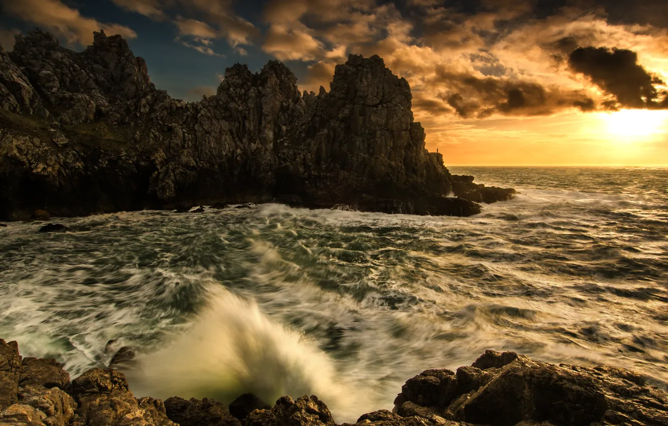 Photo wallpaper wave, sunset, rocks, shore