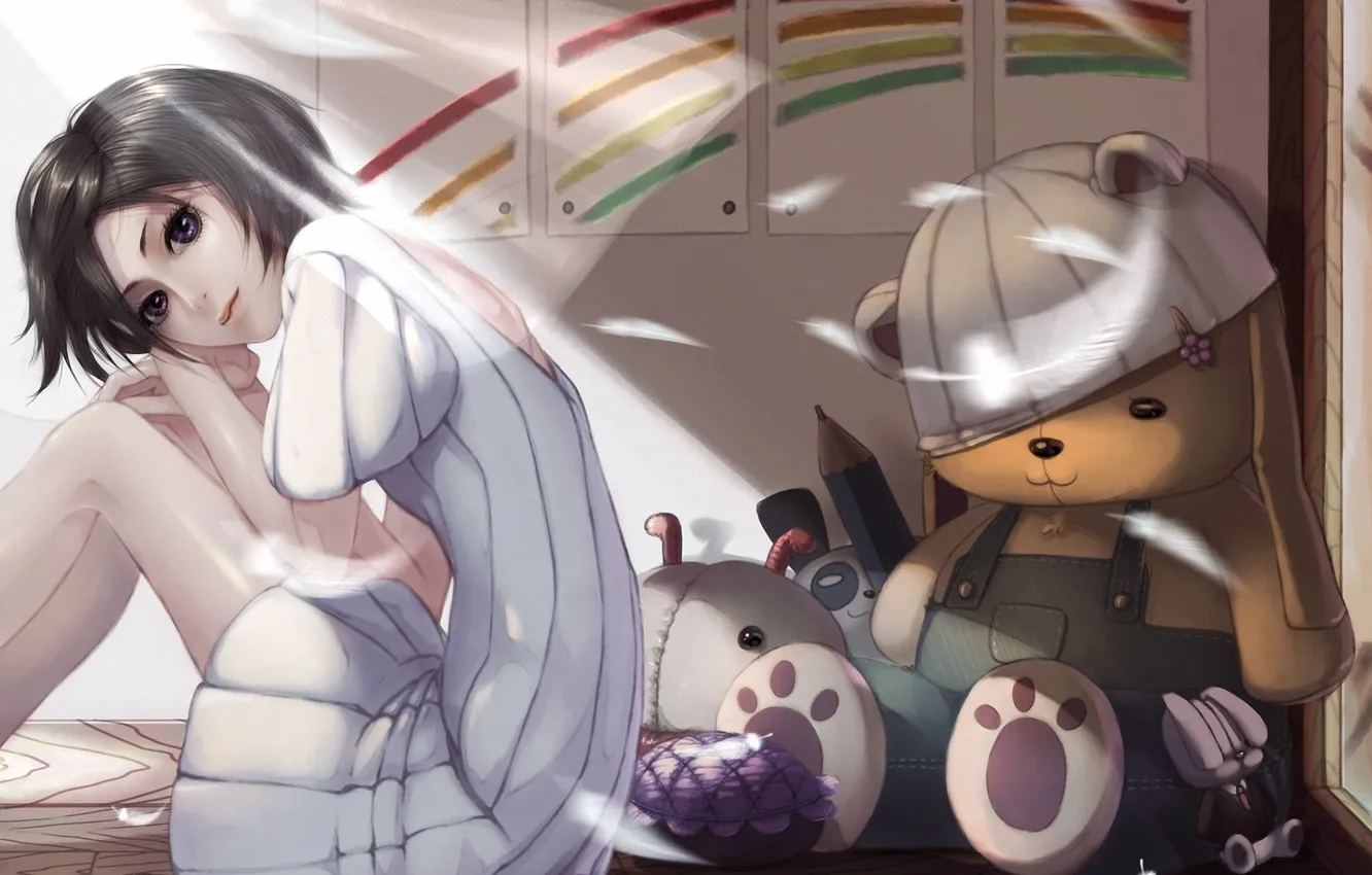 Photo wallpaper girl, light, toy, figure, feathers, bear, Bleach, sitting