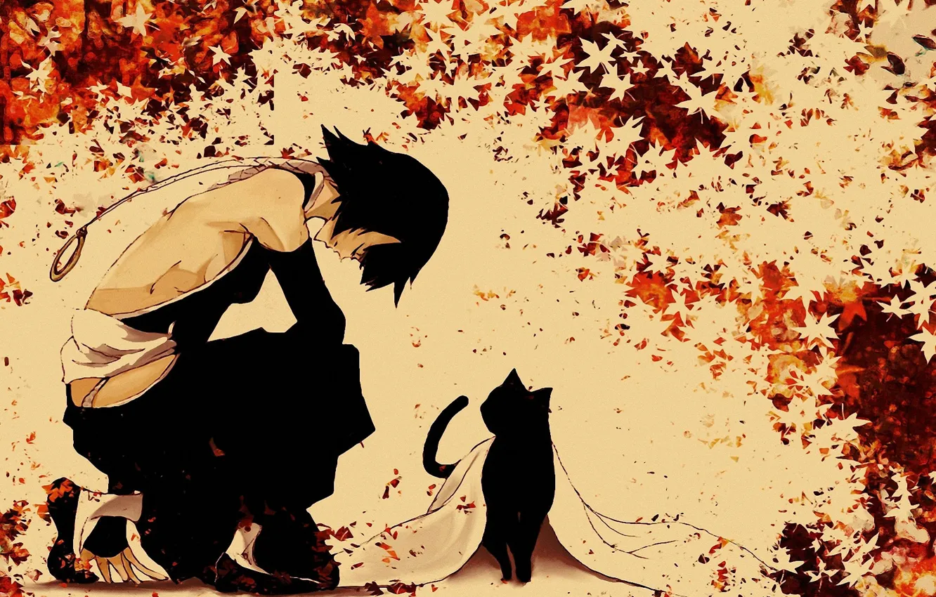 Photo wallpaper Bleach, Bleach, Shihouin Yoruichi, maple leaves, on my knees, Shinigami, black cat, Soi Fong