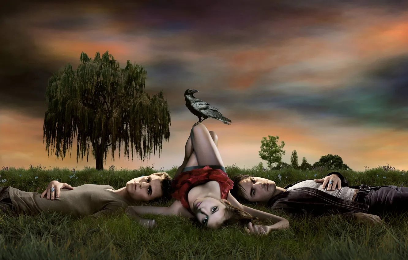 Photo wallpaper Girl, Grass, Raven, USA, Nina Dobrev, Nina Dobrev, The Vampire Diaries, The Vampire Diaries