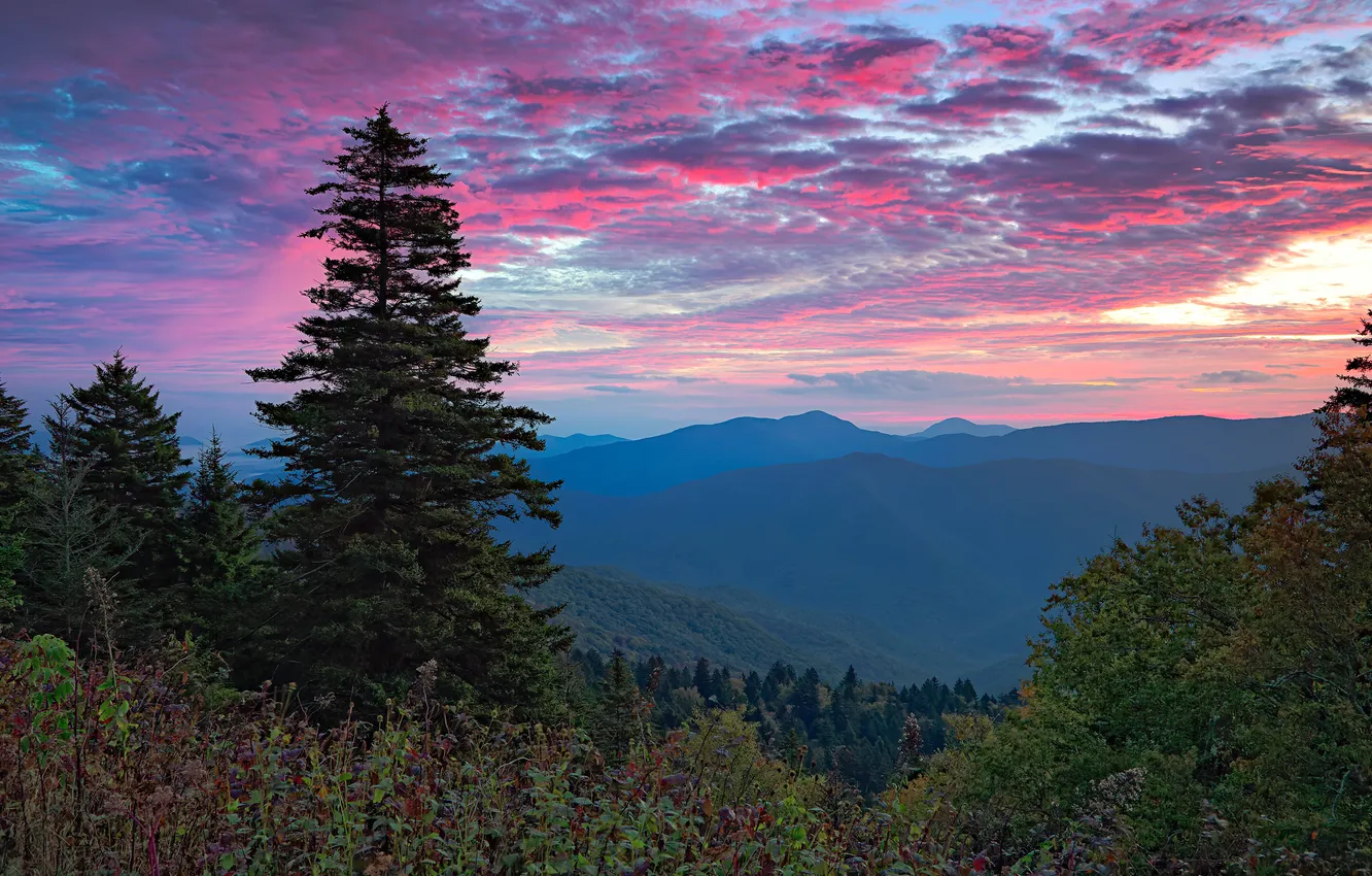 Photo wallpaper the sky, mountains, purple sunset