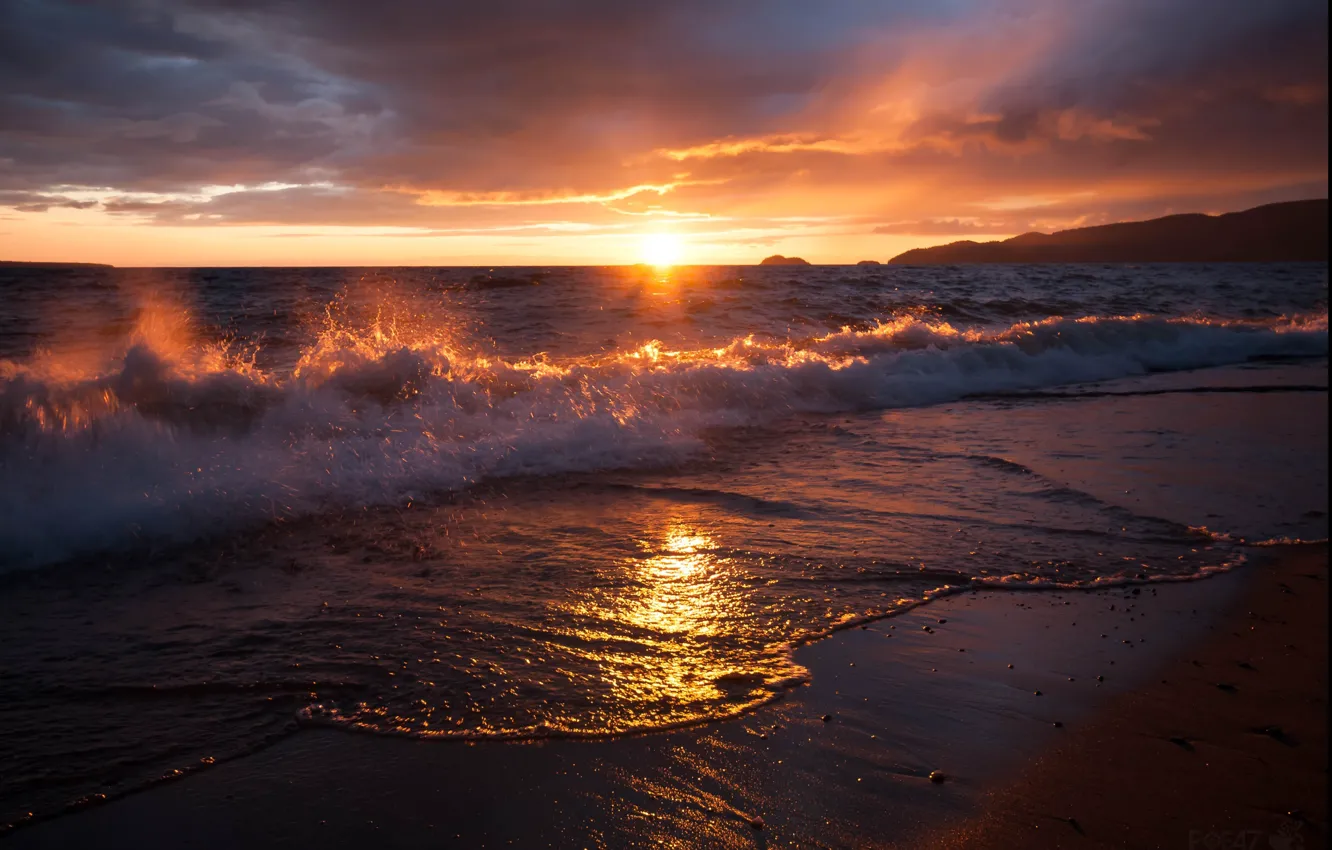 Photo wallpaper sand, sea, the sun, clouds, dawn, wave, surf