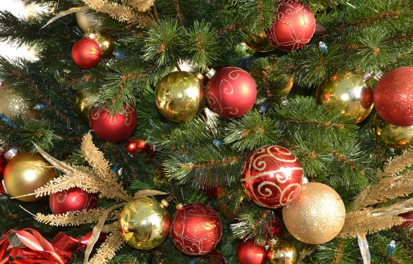 Photo wallpaper winter, balls, holiday, toy, tree, new year, Christmas, needles