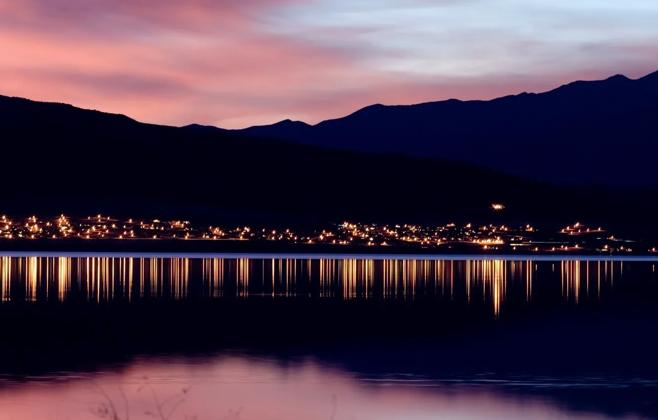 Photo wallpaper sunset, mountains, lights, the evening, horizon, Landscape, pond