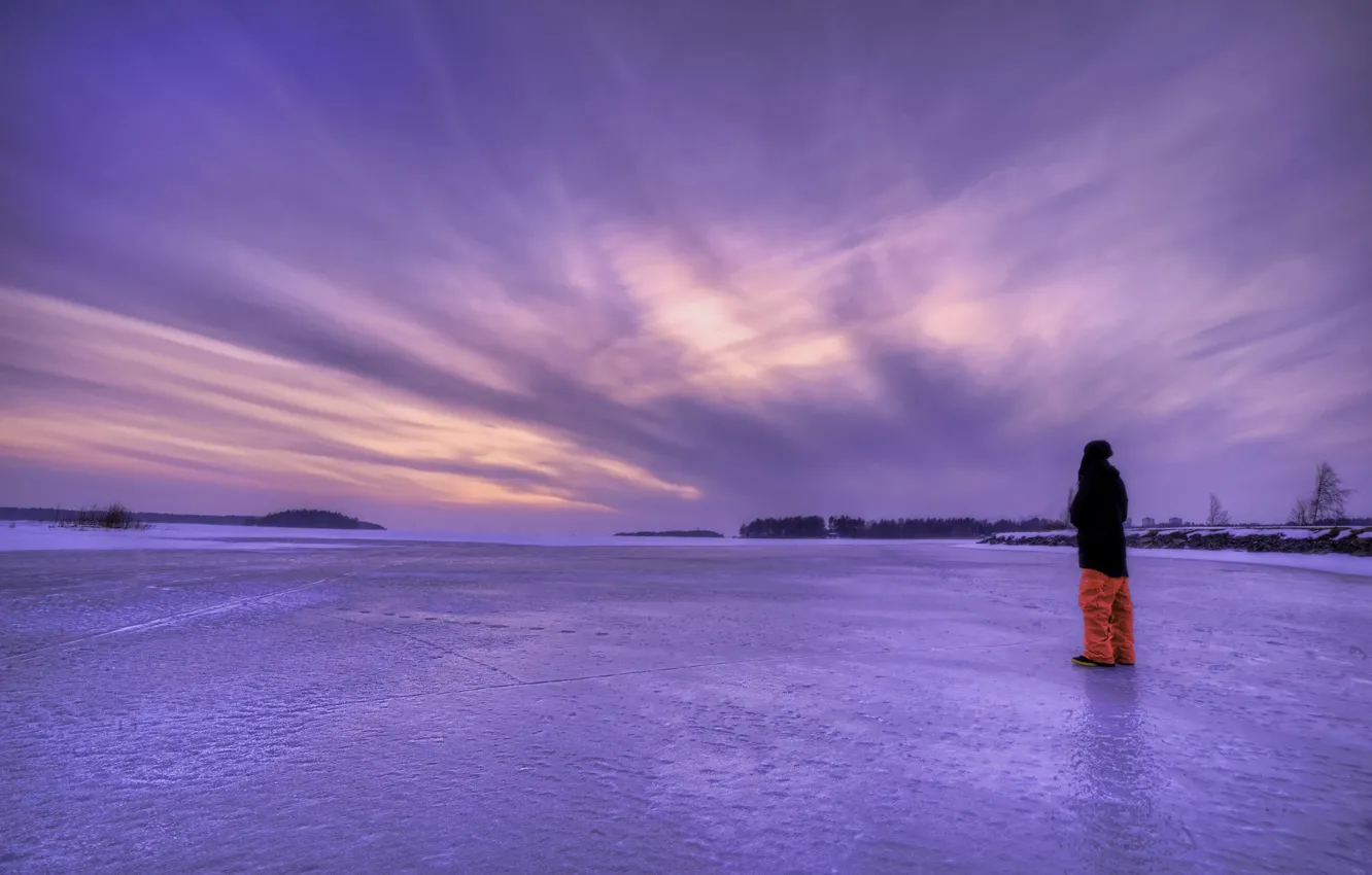 Photo wallpaper ice, winter, the sky, landscape, lake, the evening, guy, Sweden
