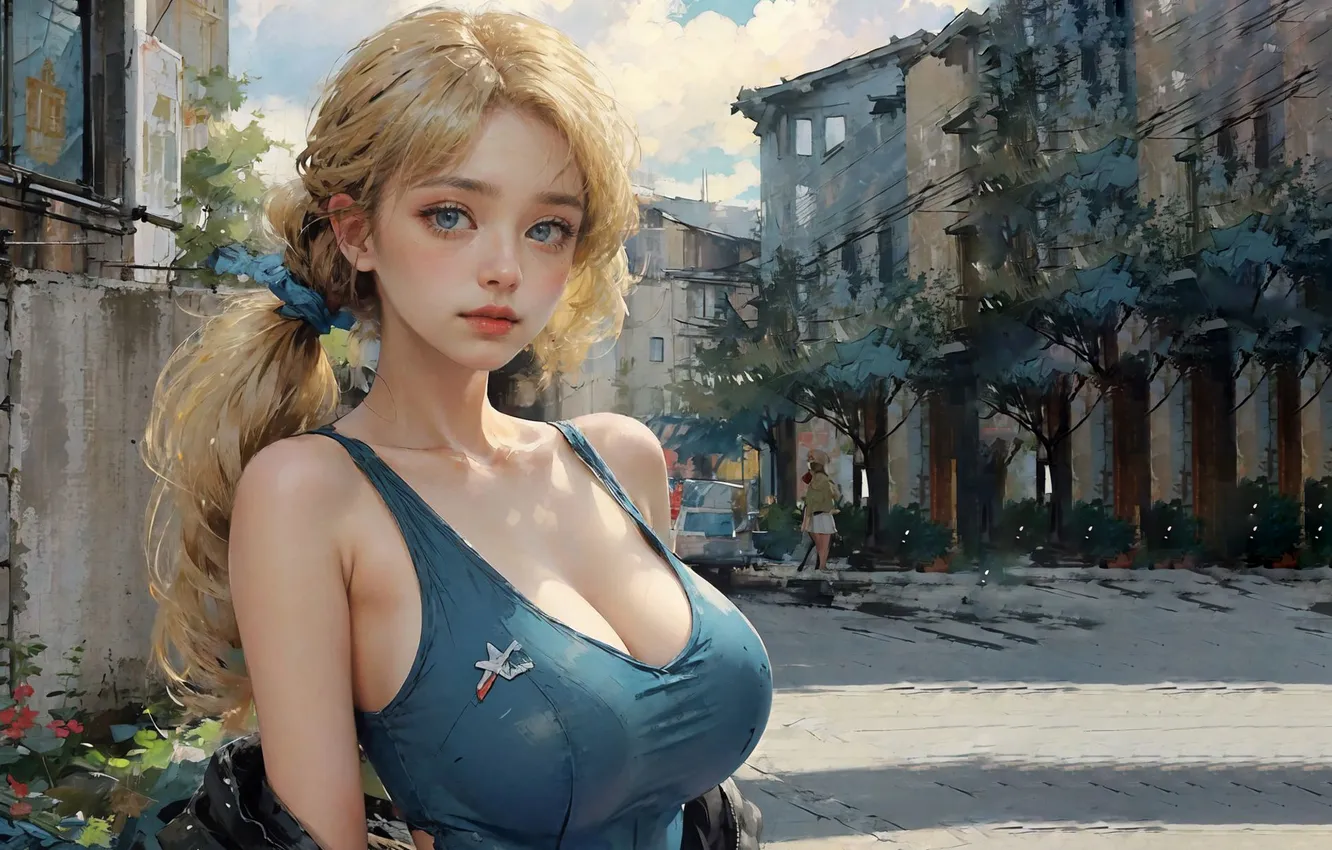 Photo wallpaper girl, the city, blonde, stylized painting