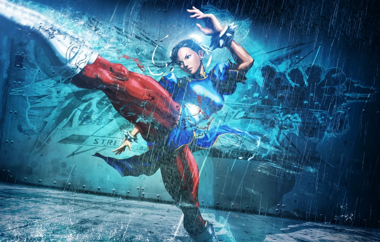 Photo wallpaper metal, girl, rain, style, blue, fight, Street Fighter, kick