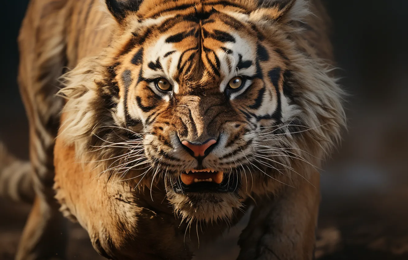 Photo wallpaper look, face, tiger, predator, grin, big cat, digital art, AI art