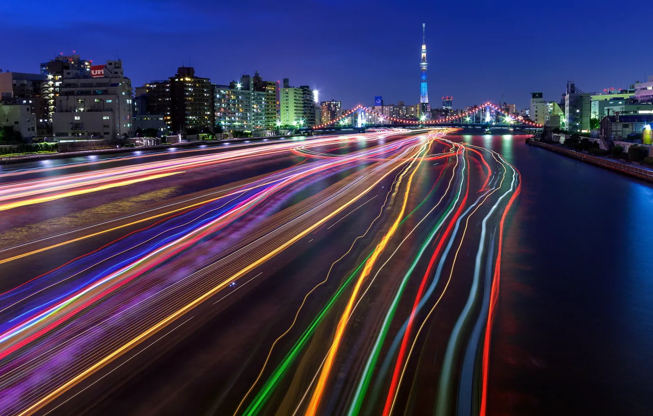 Photo wallpaper city, Tokyo Sky Tree, long exposure, light trails