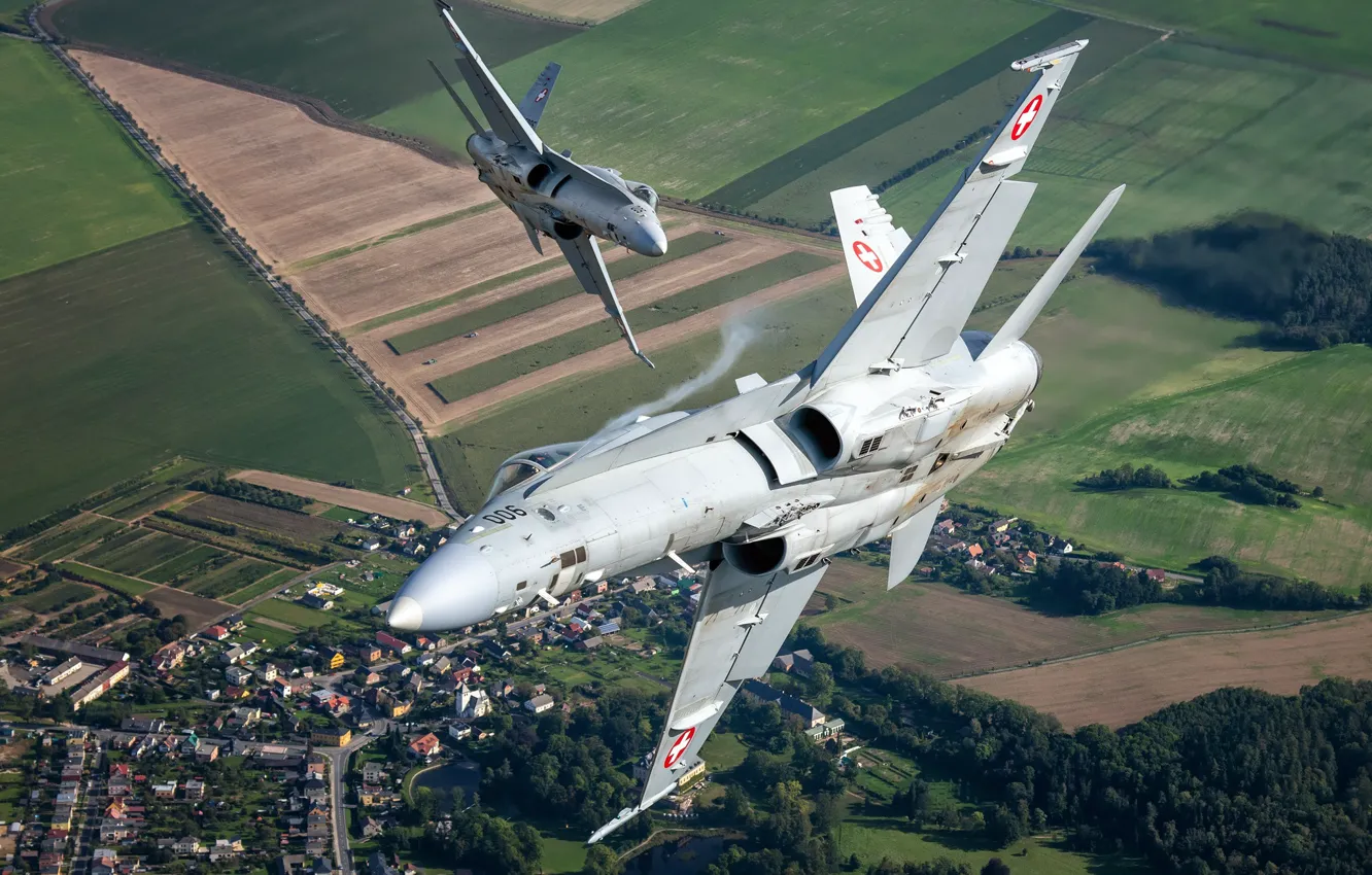 Photo wallpaper Field, Road, Fighter, The Swiss air force, F/A-18 Hornet, HESJA Air-Art Photography