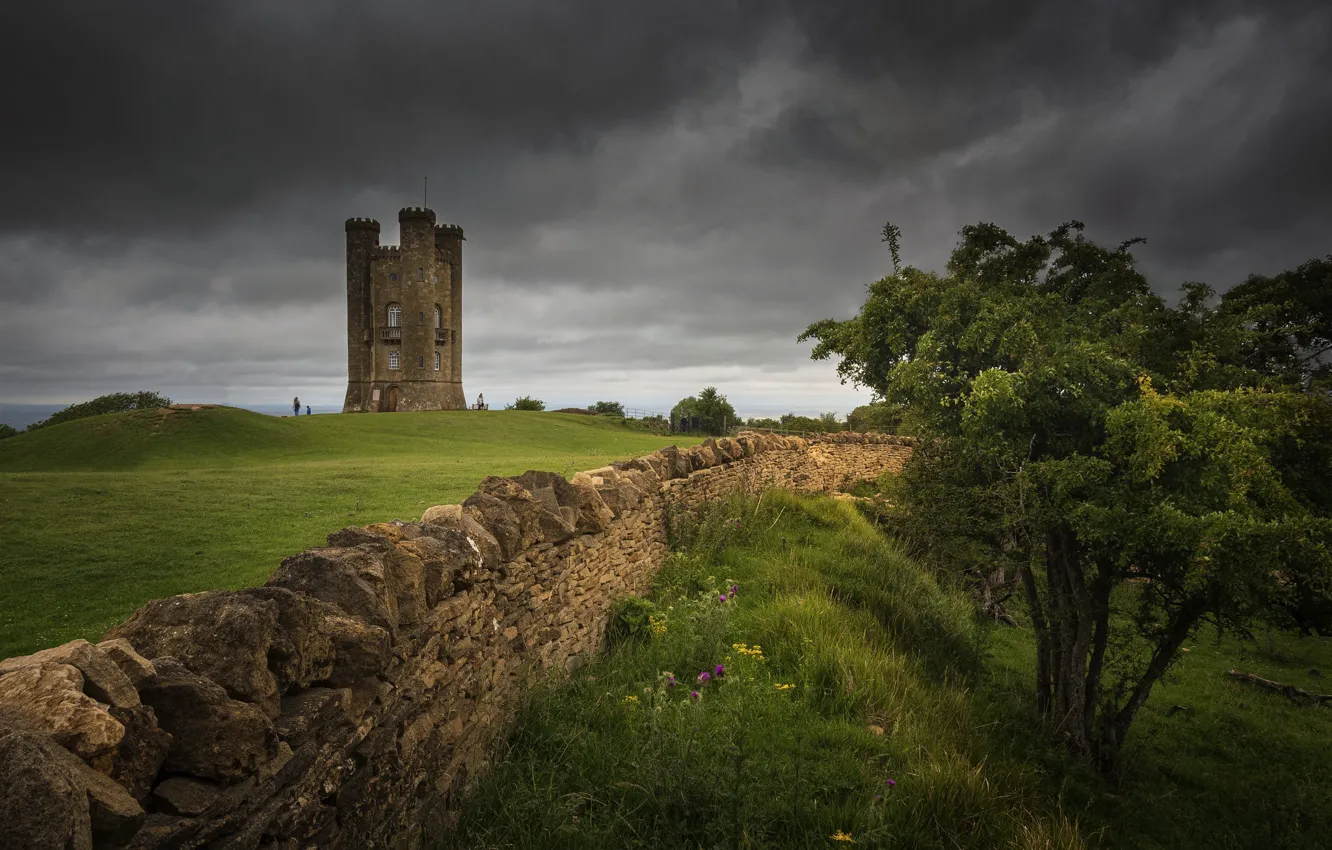 Photo wallpaper field, grass, trees, clouds, castle, overcast, hills, the fence