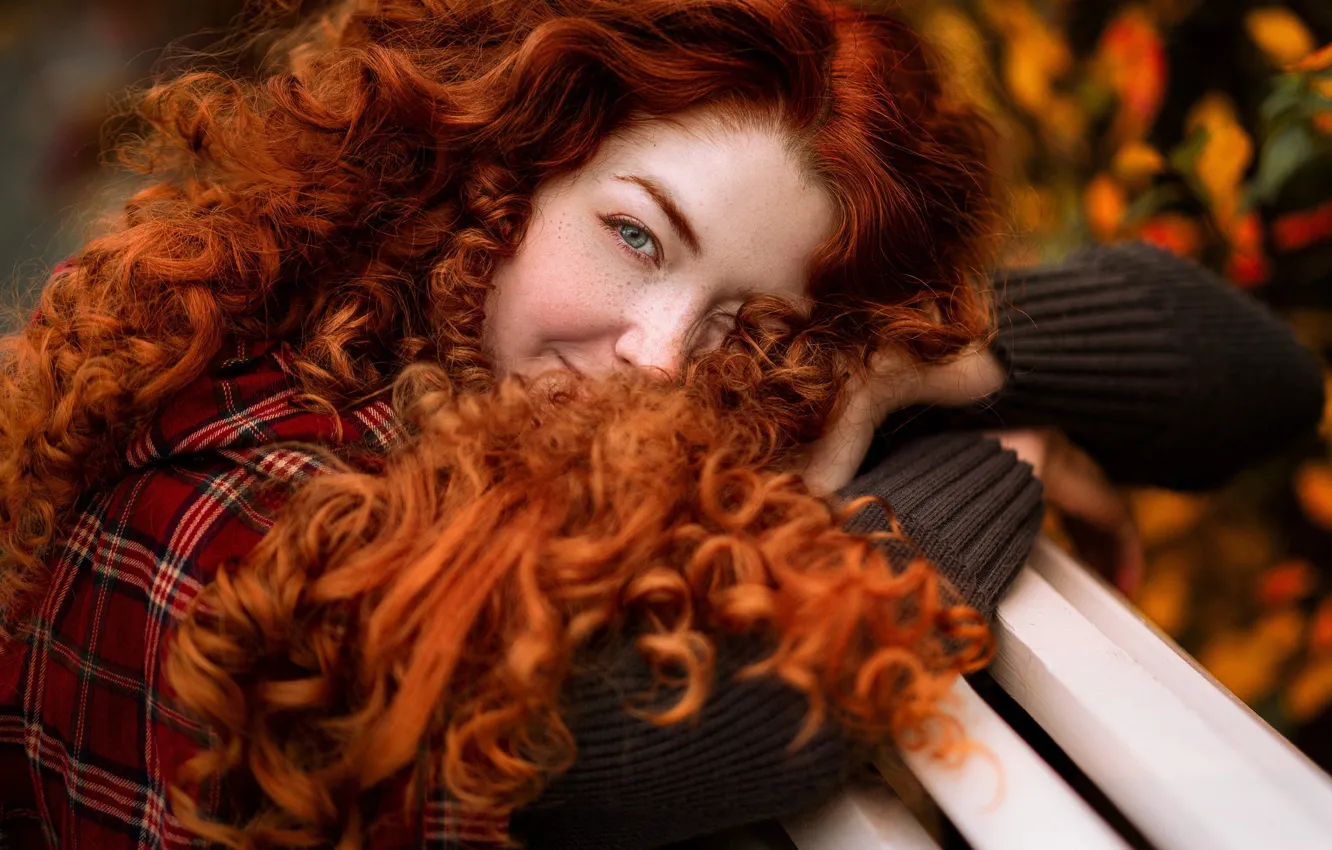 Photo wallpaper look, girl, face, portrait, freckles, red, curls, redhead