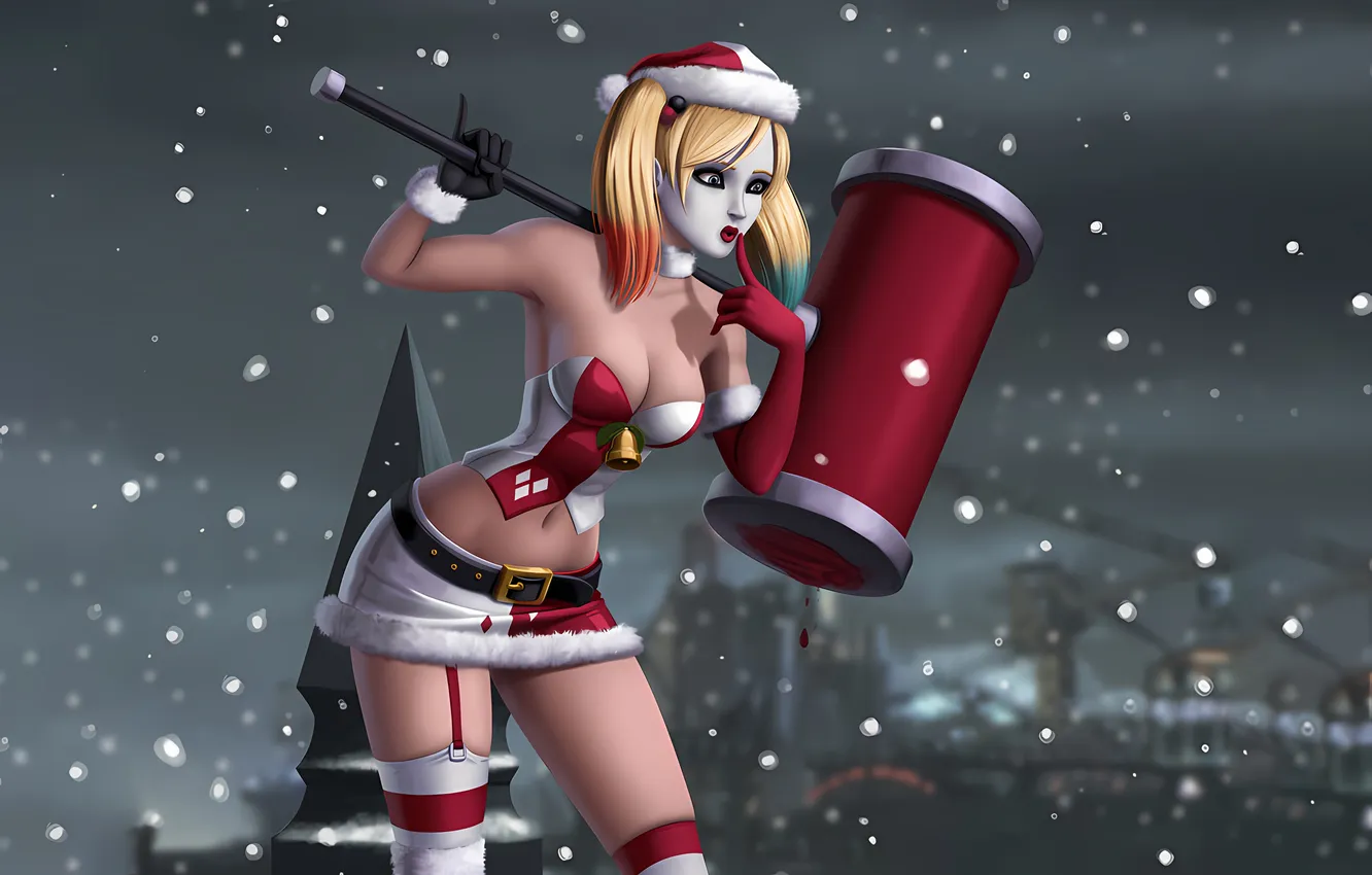 Photo wallpaper city, girl, sexy, Christmas, cleavage, blouse, Batman, thighhighs