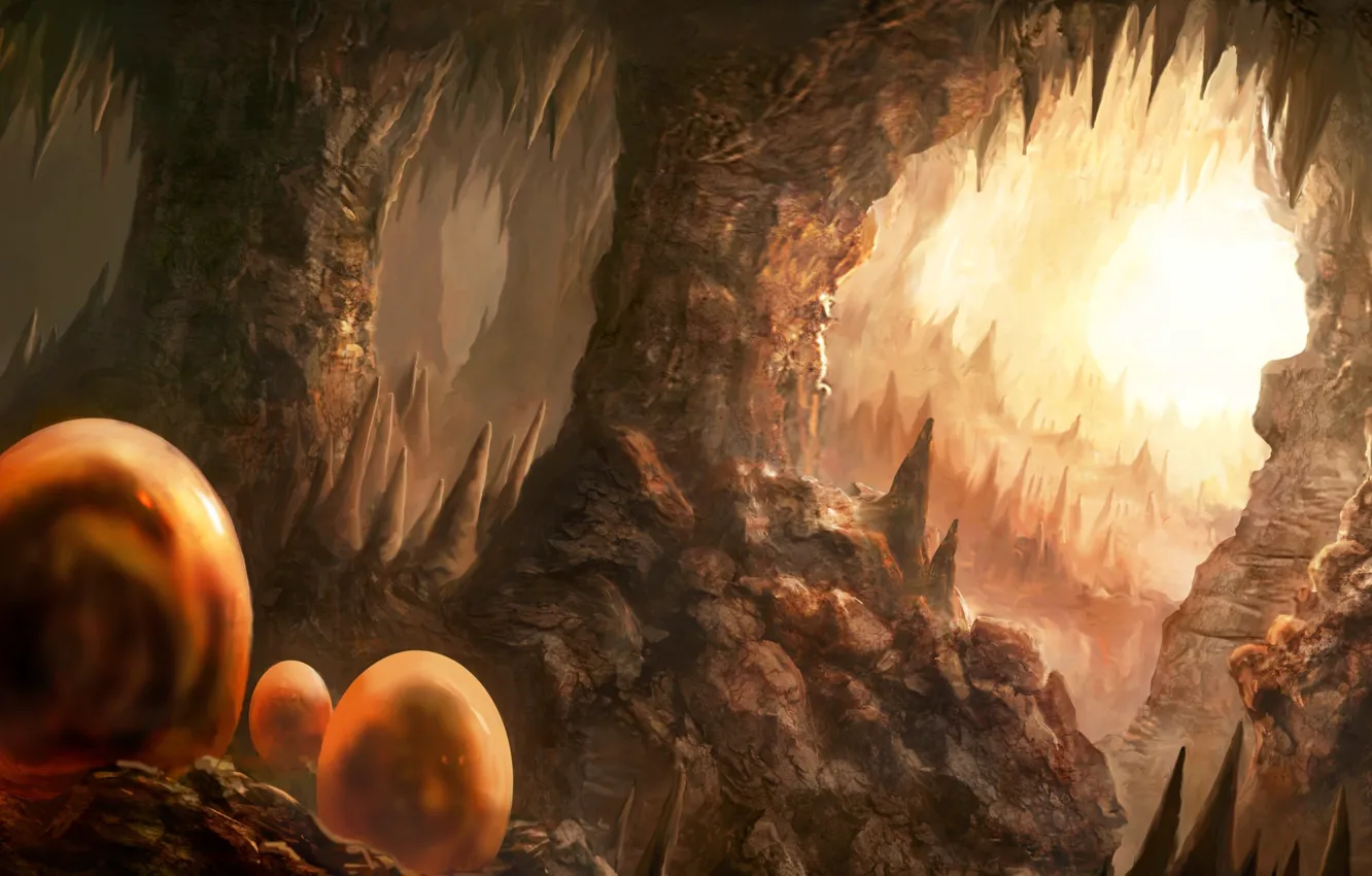 Photo wallpaper rocks, eggs, dragons, art, cave