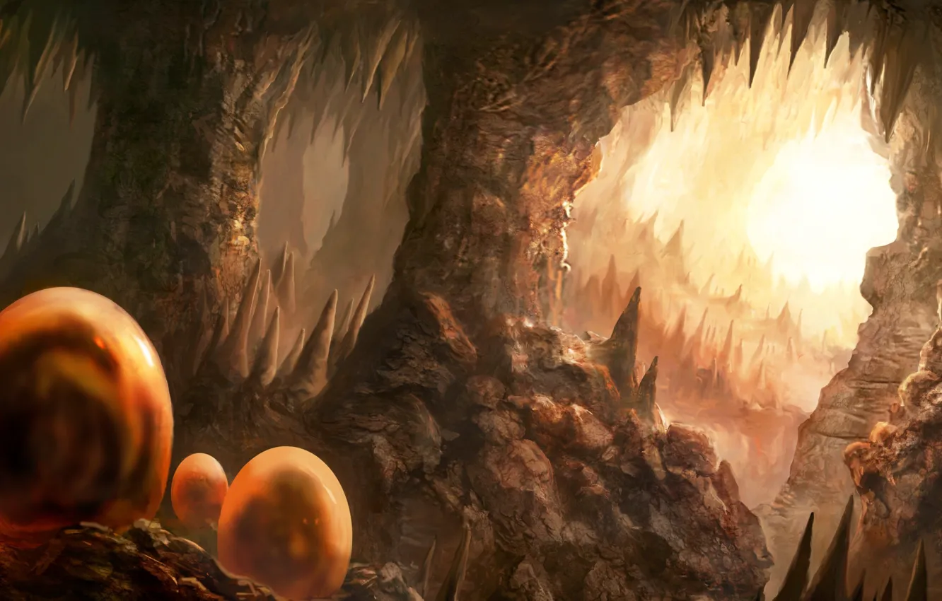 Photo wallpaper rocks, dragon, eggs, art, cave