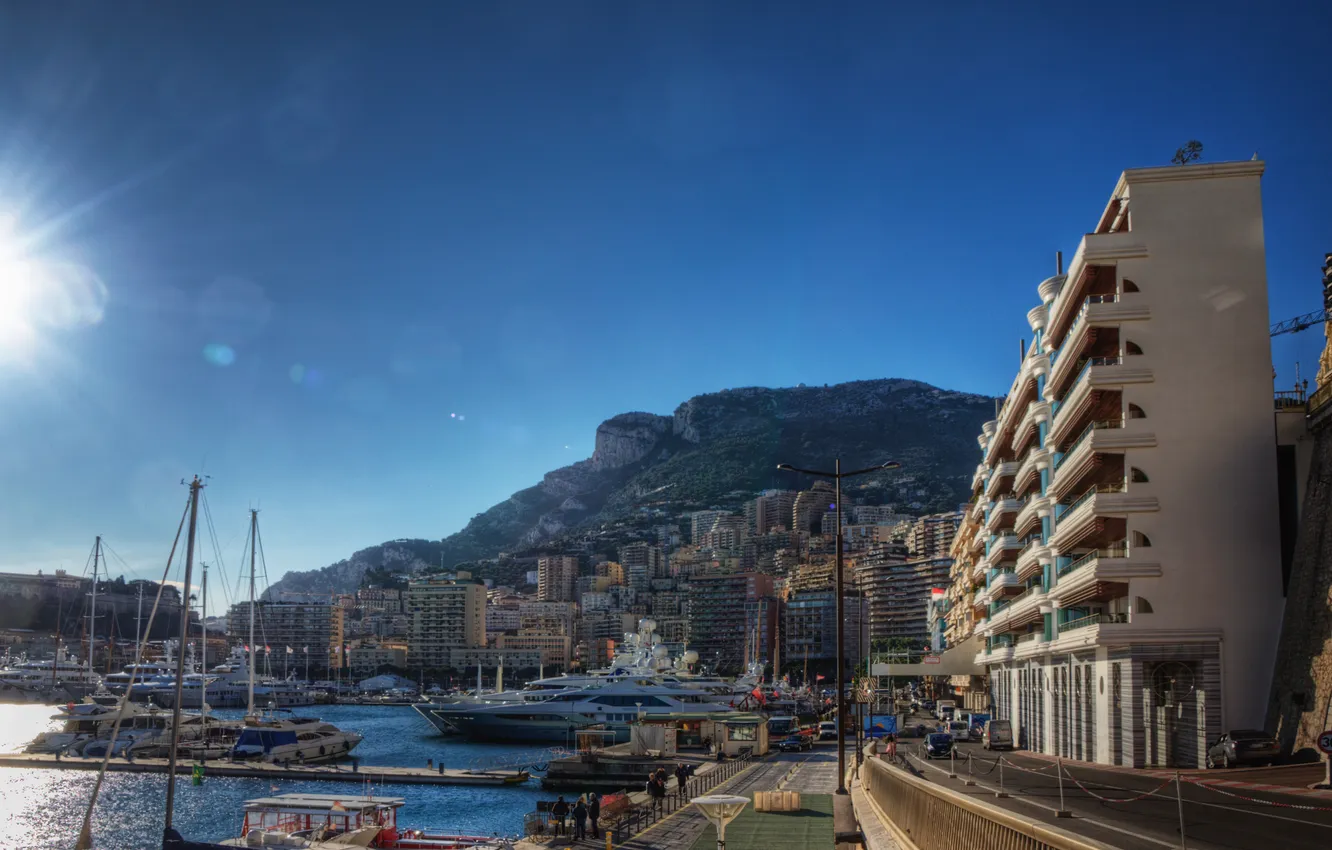 Photo wallpaper road, the sun, the city, boats, pier, France, Monaco