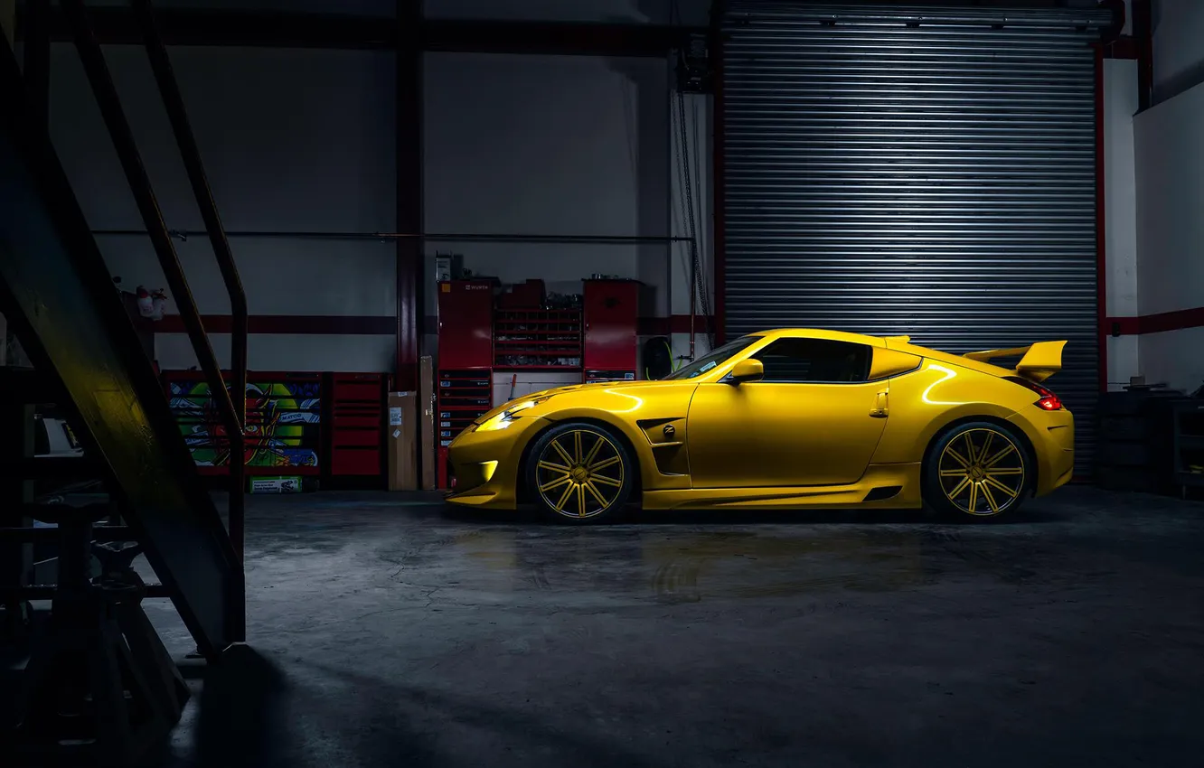Photo wallpaper car, Nissan, yellow, view, Side, Sport, 370Z, Wheels