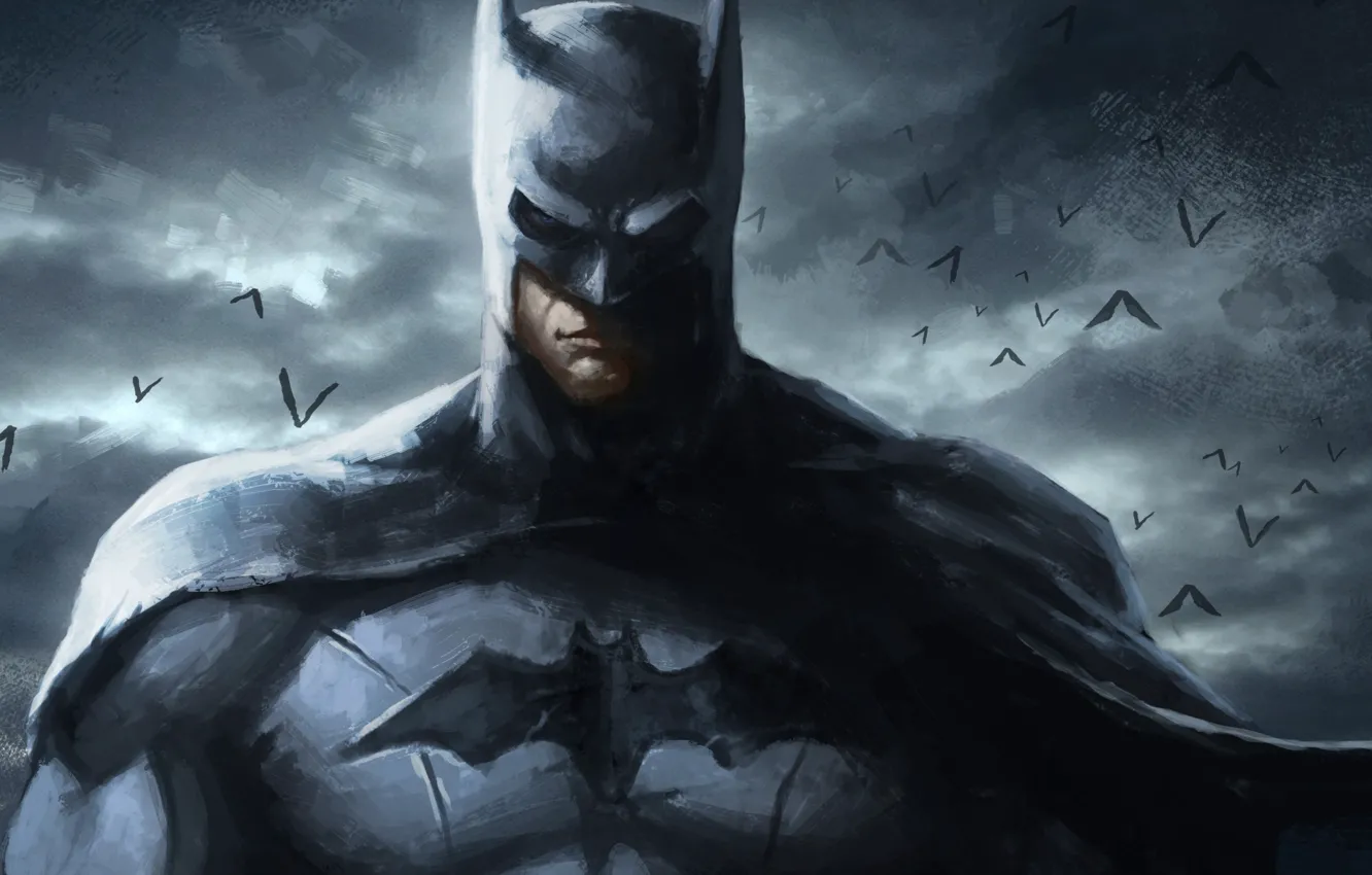 Photo wallpaper the sky, figure, art, hero, Batman, hero, picture.
