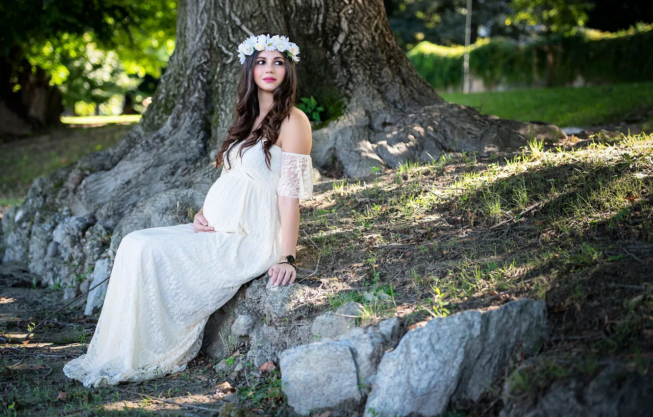 Photo wallpaper girl, trees, stones, tummy, dress, wreath