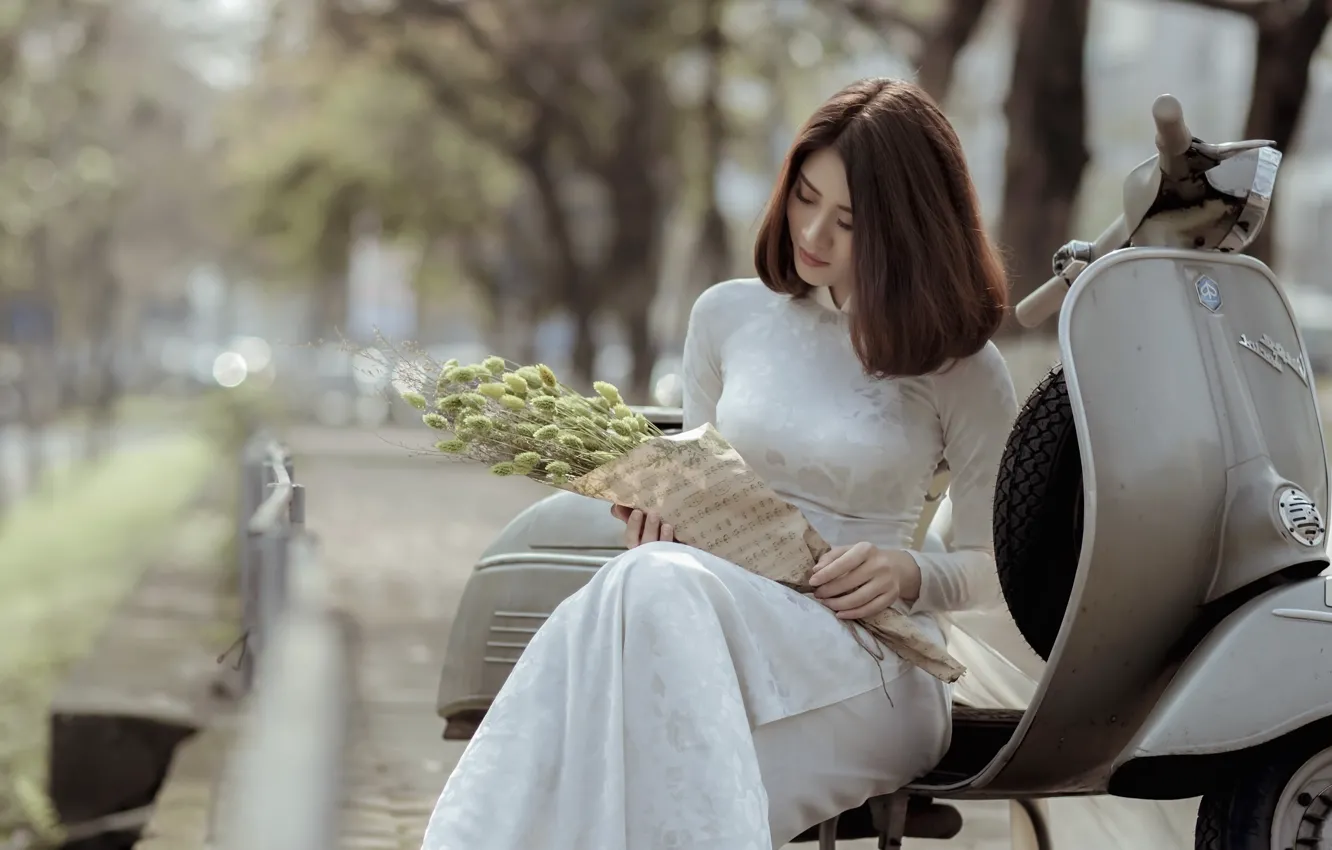 Photo wallpaper Asian, girl, flowers