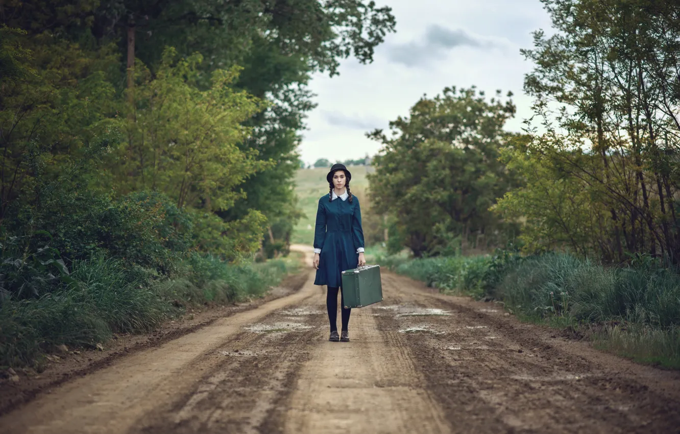 Photo wallpaper road, girl, dress, braids, suitcase, hat