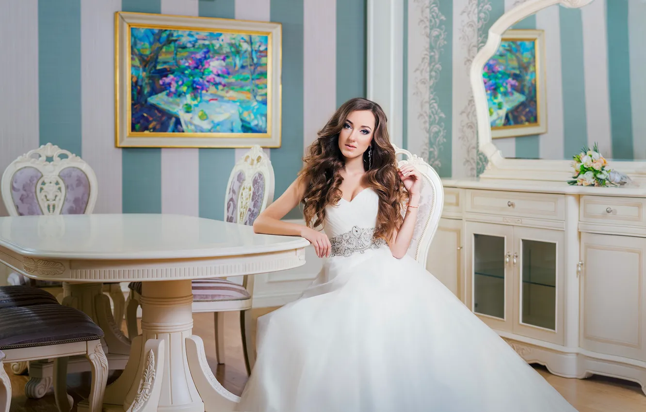 Photo wallpaper girl, pose, dress, mirror, the bride
