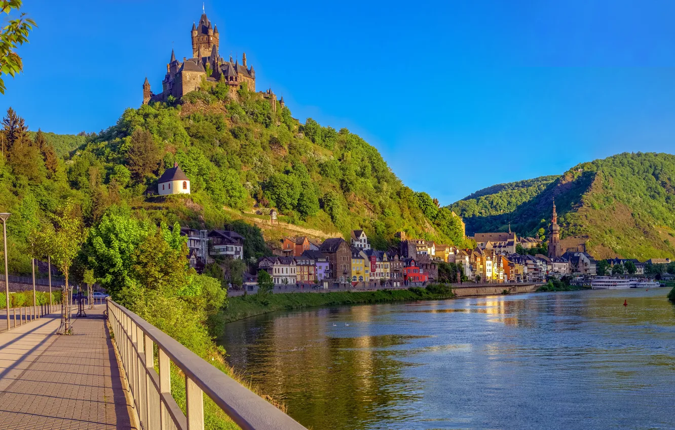 Photo wallpaper greens, forest, the sky, the sun, trees, mountains, nature, river