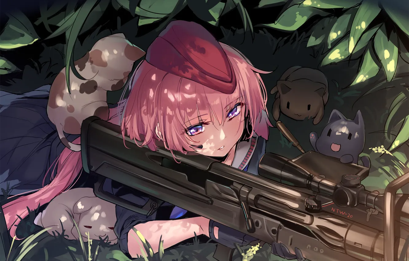 Photo wallpaper girl, gun, weapon, nothing, cat, animal, sniper, rifle