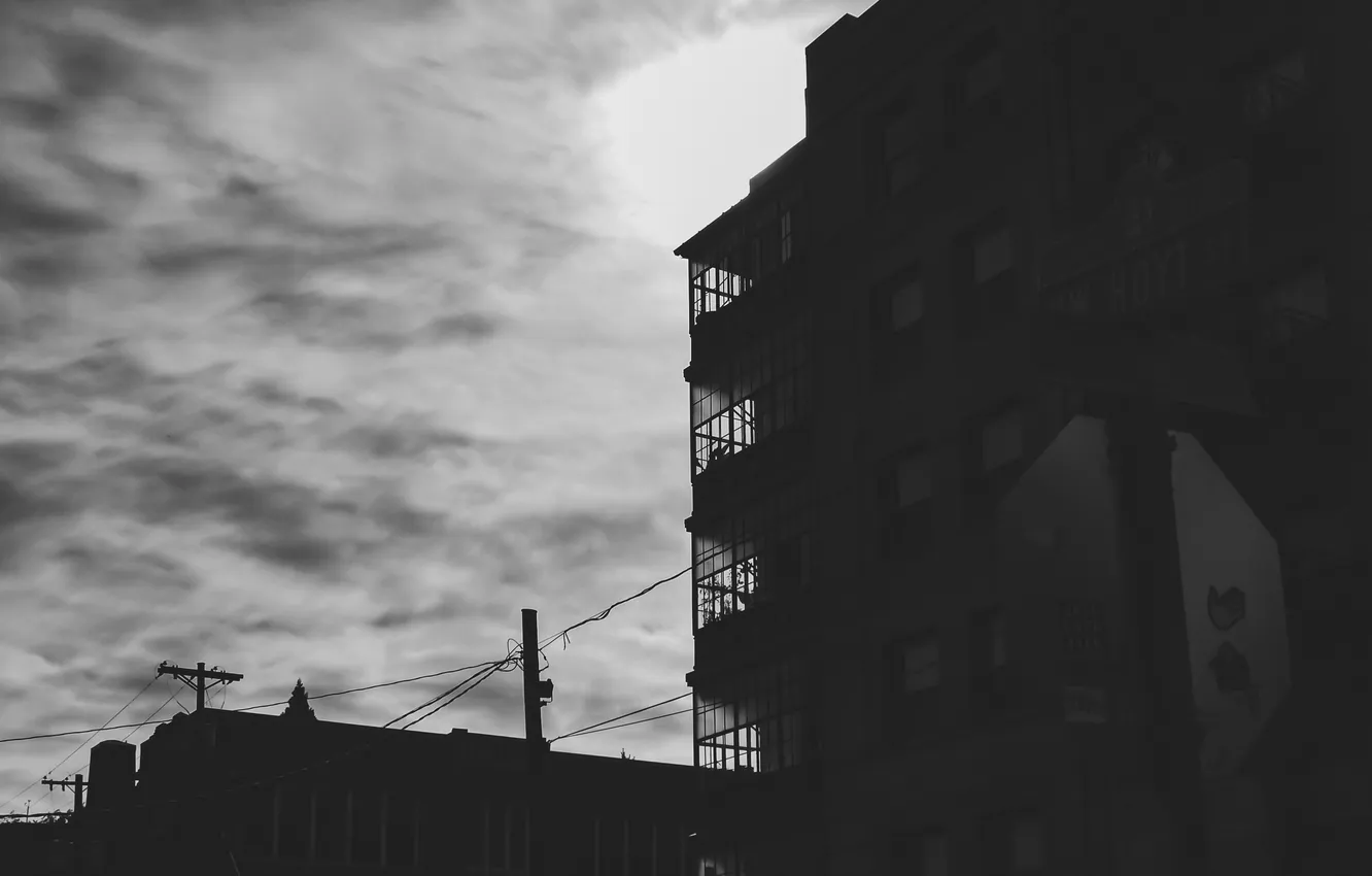 Photo wallpaper the sky, clouds, the city, building, home, black and white, Oregon, Portland