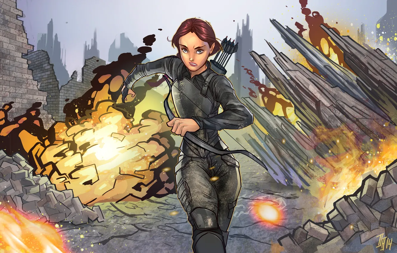 Photo wallpaper girl, the explosion, bow, art, ruins, arrows, Archer, hunger games