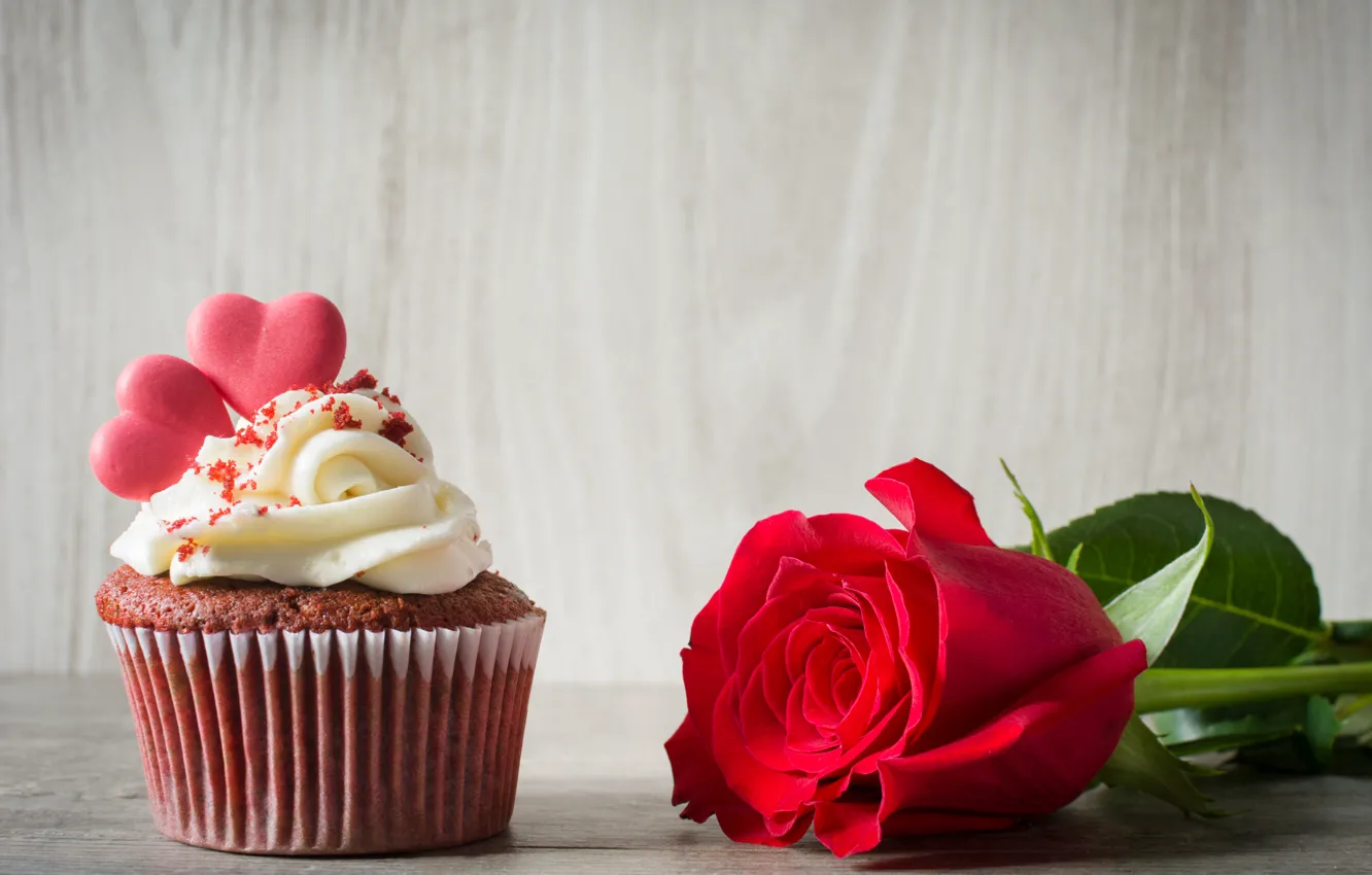 Photo wallpaper rose, hearts, red, cream, cakes, cupcake, cupcake