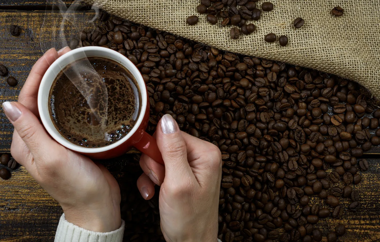Photo wallpaper coffee, hot, grain, hands, Cup