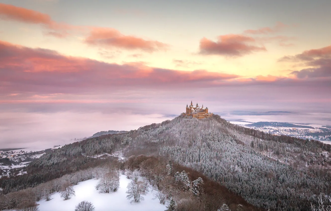 Photo wallpaper winter, forest, the sky, clouds, castle