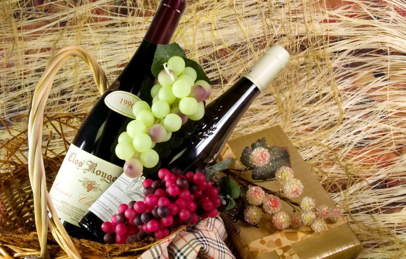 Photo wallpaper gift, wine, basket, grapes, muffler