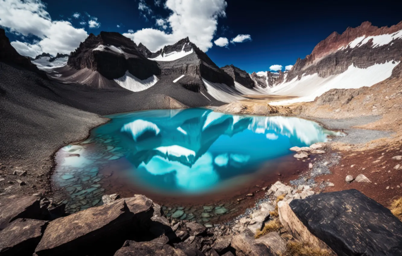 Photo wallpaper clouds, snow, landscape, mountains, nature, lake, blue, stones